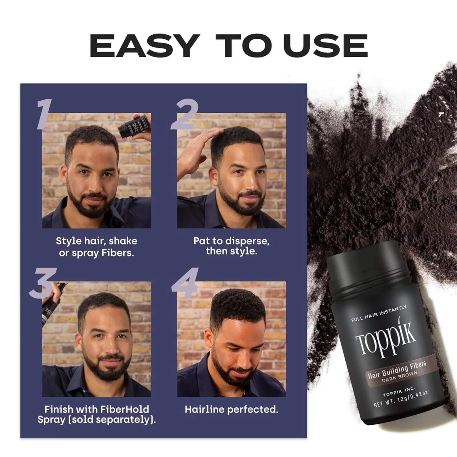 Toppik hair fibers instantly create thicker, fuller hair by statically clinging to existing hair and concealing thinning areas.