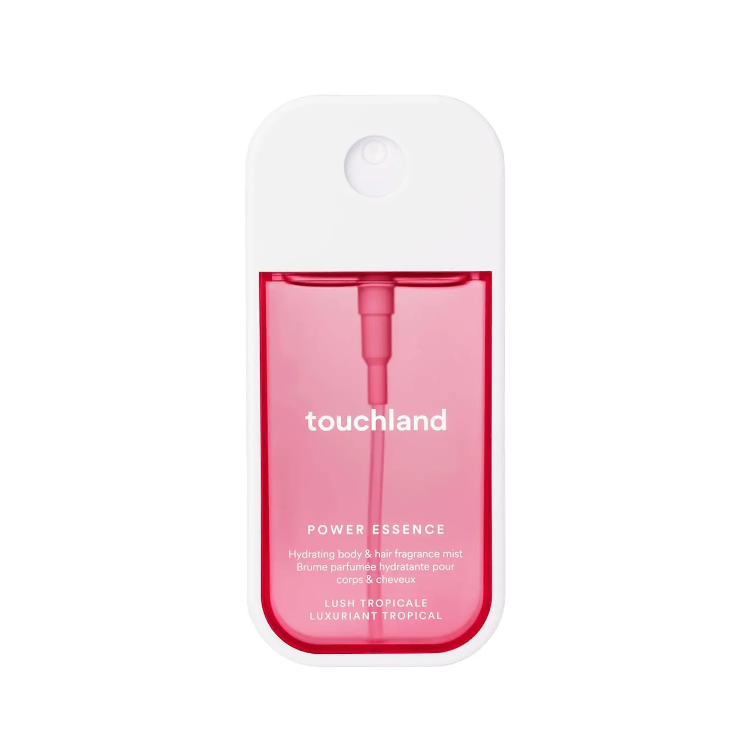 Touchland Lush Tropicale body and hair mist in a sleek white and pink bottle, offering a refreshing tropical scent and hydration.