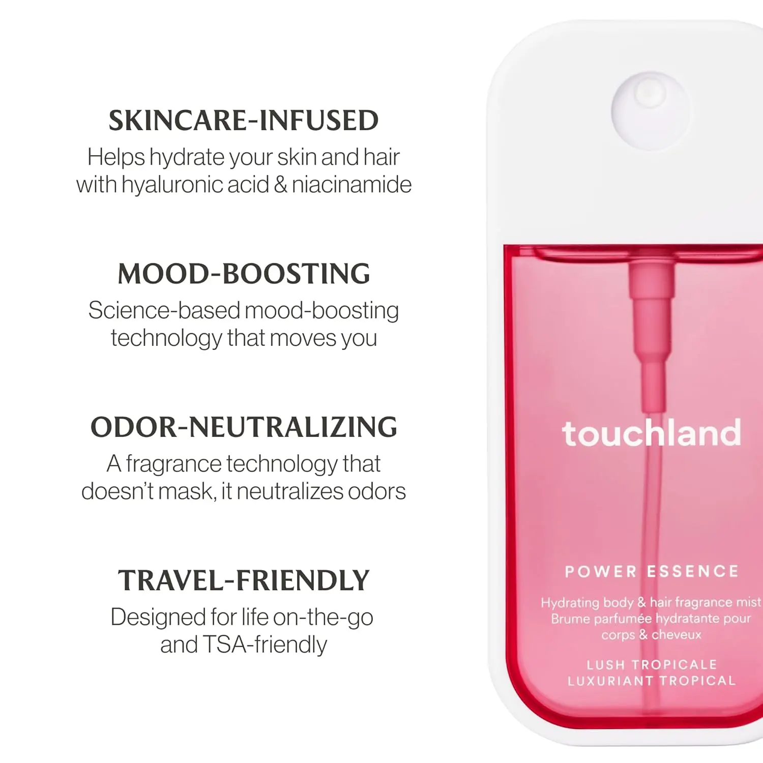 Touchland Lush Tropicale body and hair mist in a sleek white and pink bottle, offering a refreshing tropical scent and hydration.