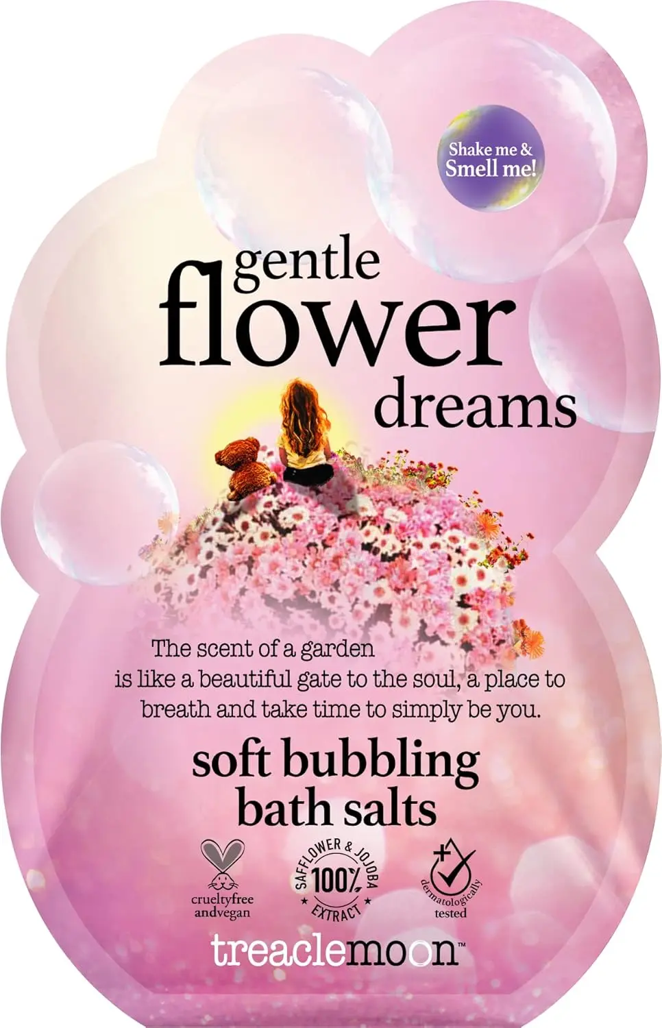 Treacle Moon Gentle Flower Dreams bath salts with safflower and jojoba oils create a relaxing, floral-scented, vegan-friendly bath experience.