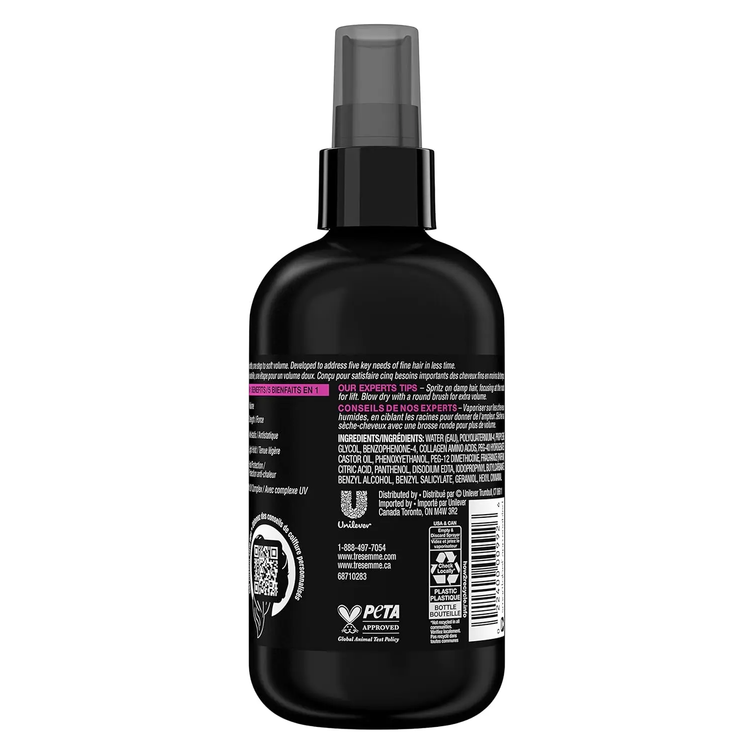 TRESemmé 5-in-1 volumizing hair mist provides heat protection and anti-static properties while adding lightweight volume and soft feel to fine hair.