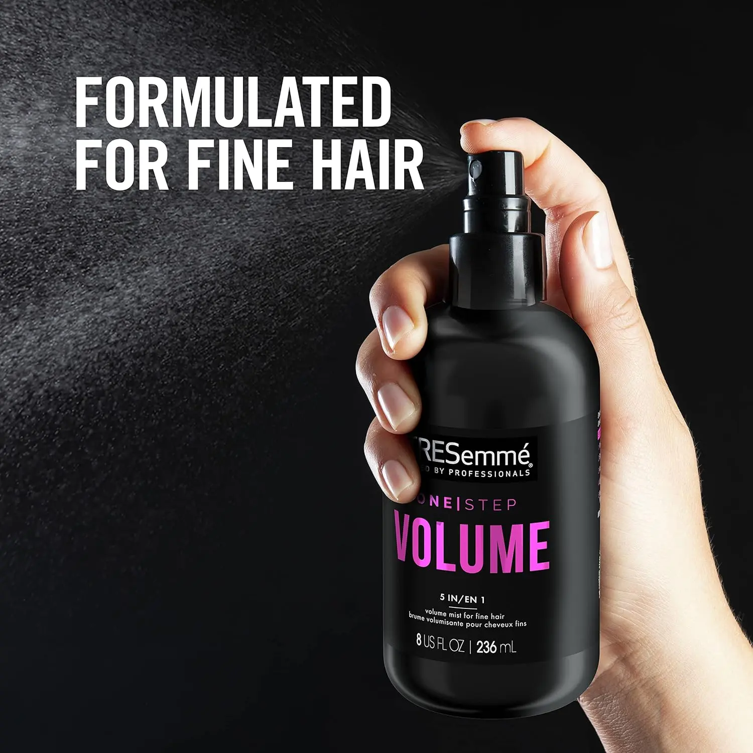 TRESemmé 5-in-1 volumizing hair mist provides heat protection and anti-static properties while adding lightweight volume and soft feel to fine hair.