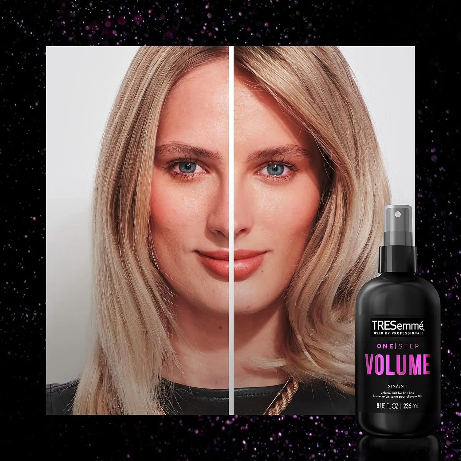 TRESemmé 5-in-1 volumizing hair mist provides heat protection and anti-static properties while adding lightweight volume and soft feel to fine hair.