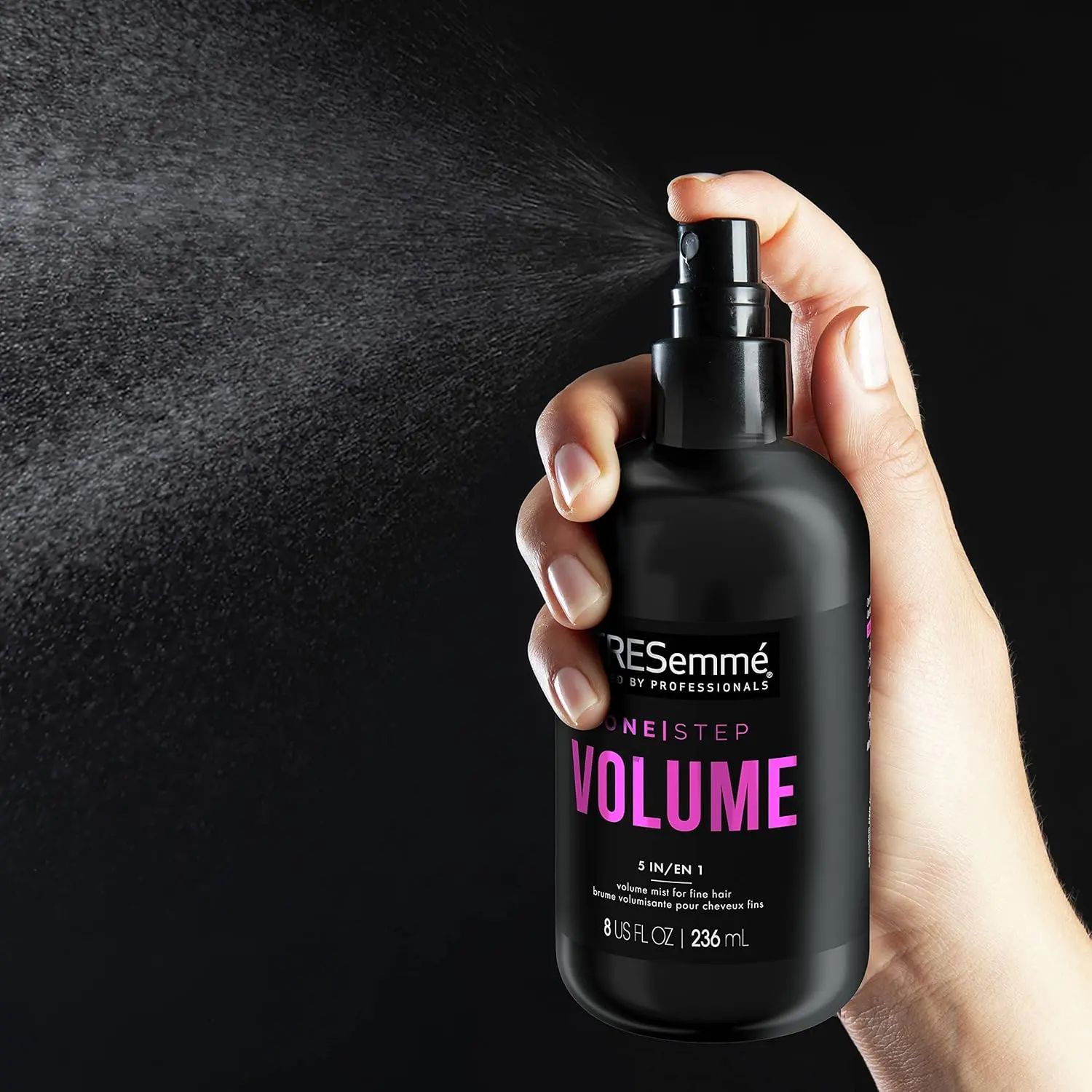TRESemmé 5-in-1 volumizing hair mist provides heat protection and anti-static properties while adding lightweight volume and soft feel to fine hair.