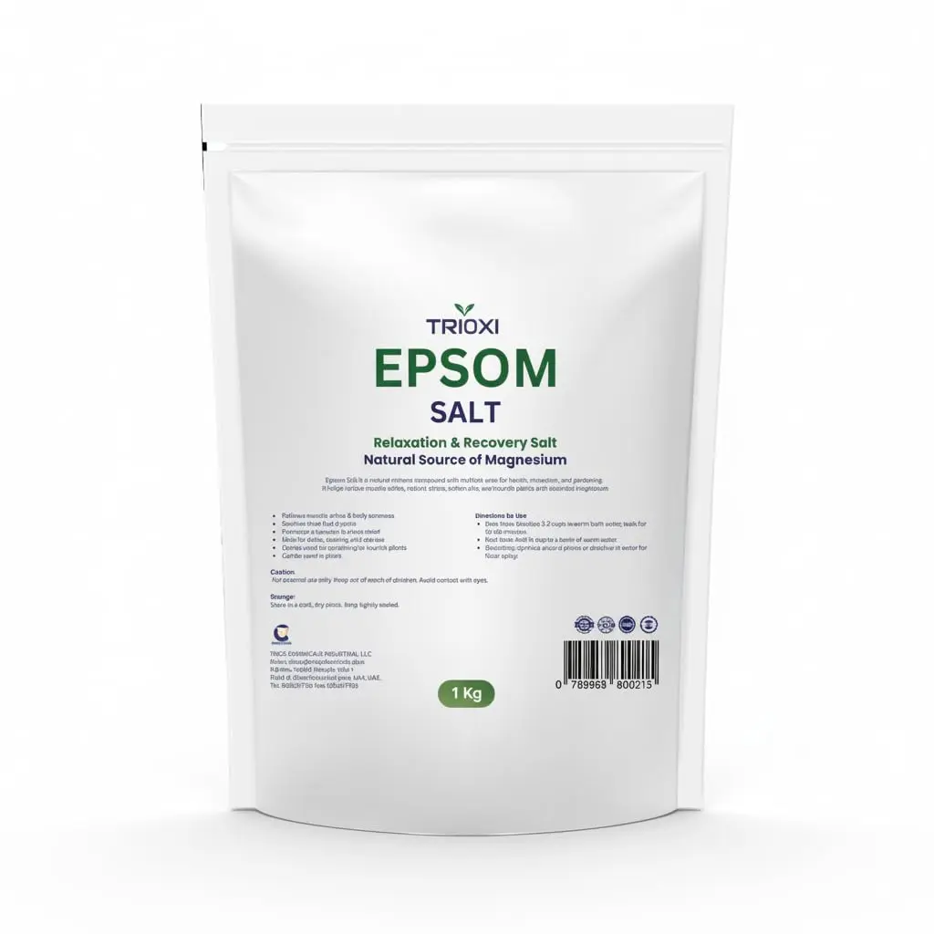 Trioxi 1 Kg bag of pure magnesium sulfate crystals, ideal for relaxing bath soaks and rejuvenating foot soaks.