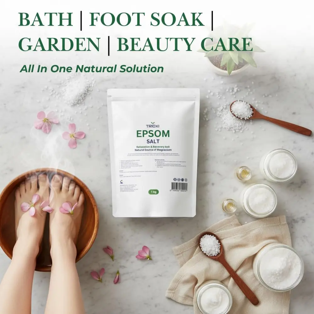 Trioxi 1 Kg bag of pure magnesium sulfate crystals, ideal for relaxing bath soaks and rejuvenating foot soaks.