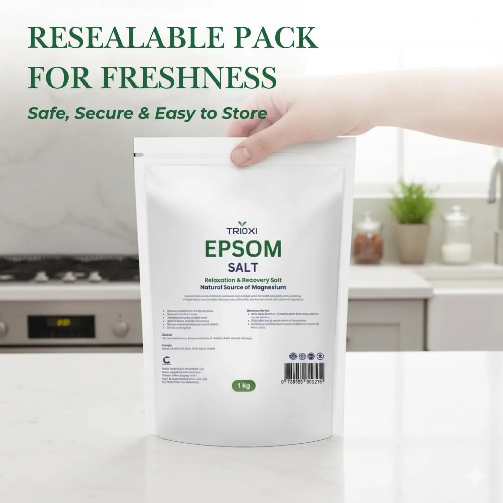 Trioxi 1 Kg bag of pure magnesium sulfate crystals, ideal for relaxing bath soaks and rejuvenating foot soaks.