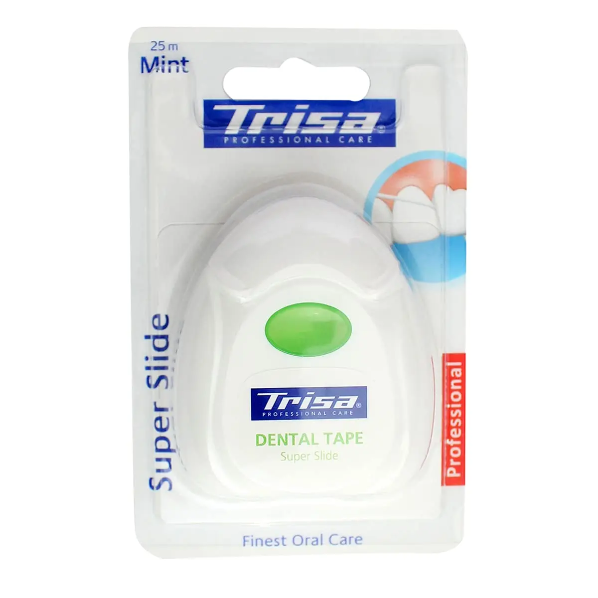 Trisa dental tape in mint flavor easily slides between teeth to remove food buildup and prevent plaque, promoting healthy gums and a clean interdental area.