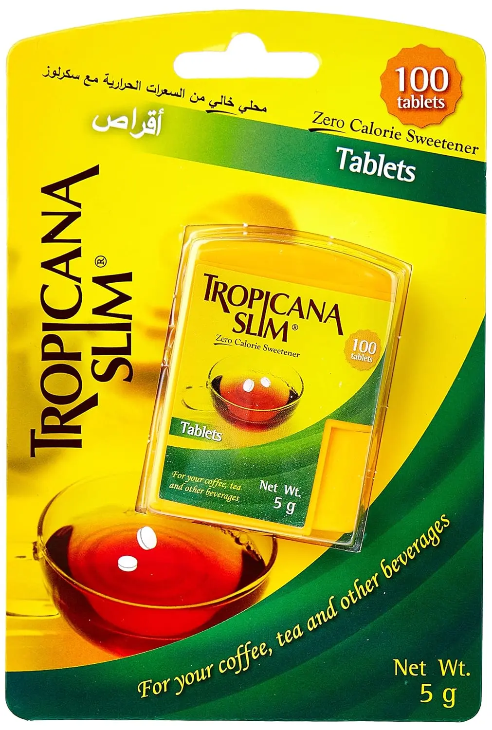 Close-up of Tropicana Slim zero-calorie sweetener tablets, a smooth, sugar-free, saccharin-free, and preservative-free option with no bitter aftertaste.