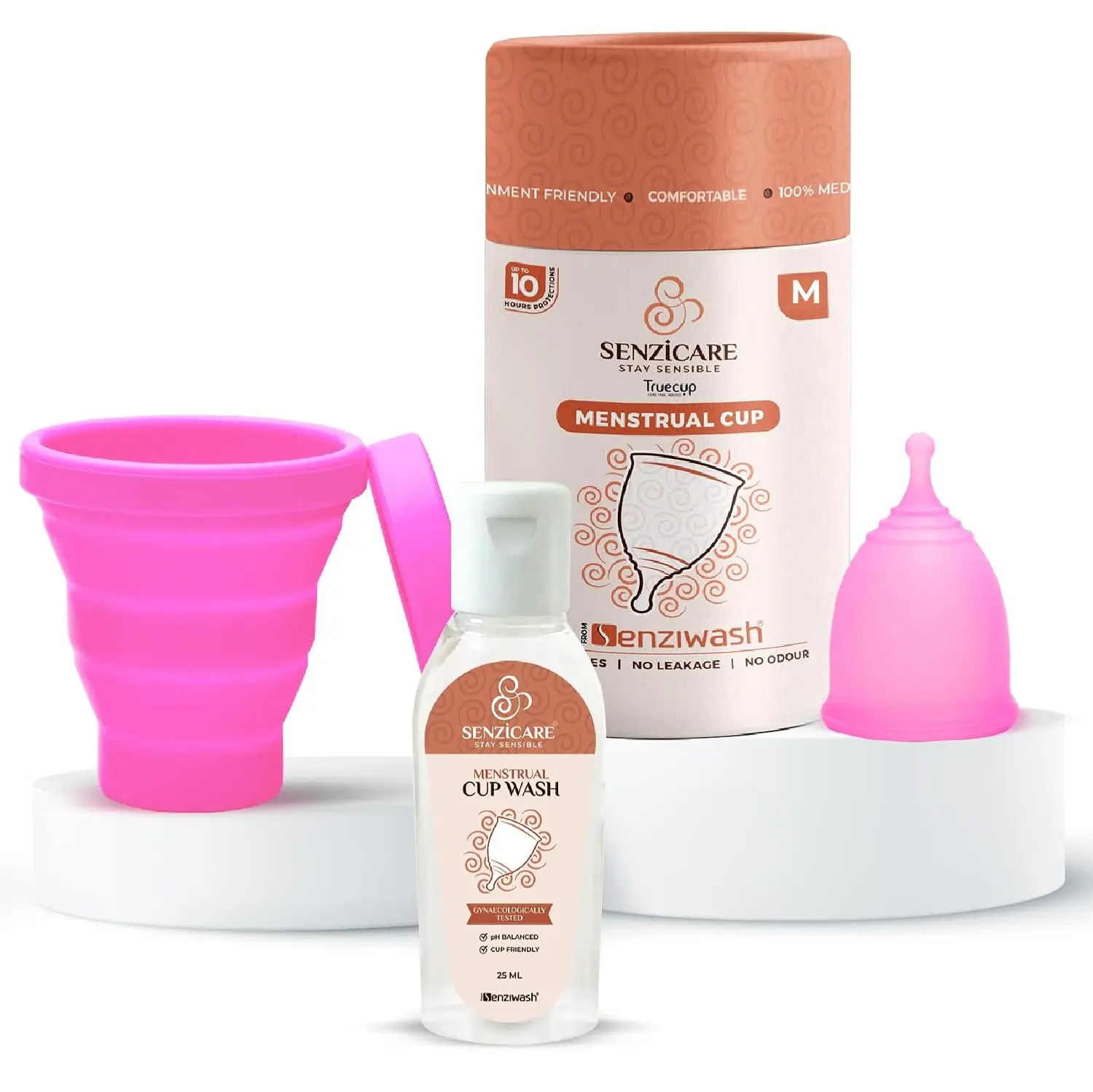 Truecup medium reusable menstrual cup and sterilizer for safe, leakproof, and odor-free periods, made with FDA-approved medical-grade silicone and gentle menstrual cup wash for pH balance.