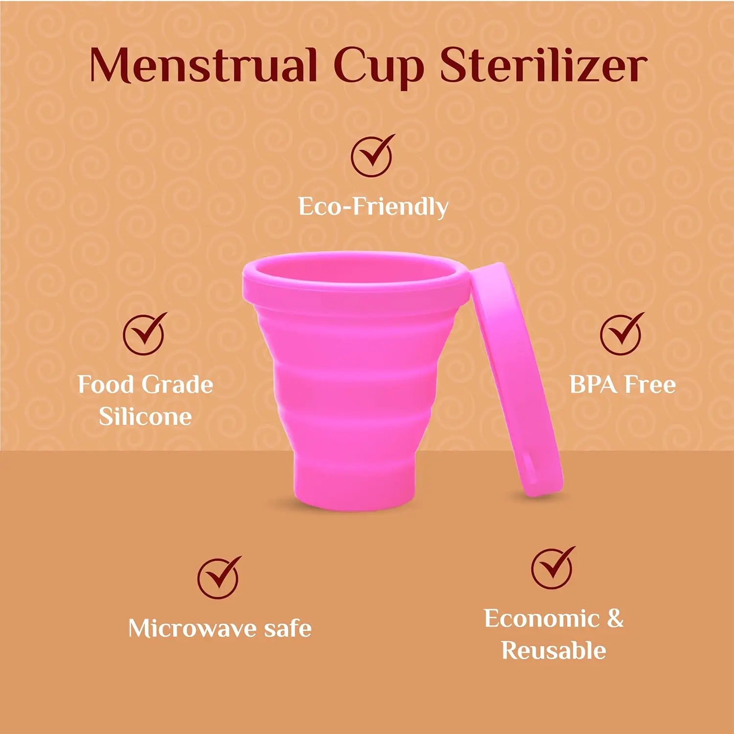 Truecup medium reusable menstrual cup and sterilizer for safe, leakproof, and odor-free periods, made with FDA-approved medical-grade silicone and gentle menstrual cup wash for pH balance.