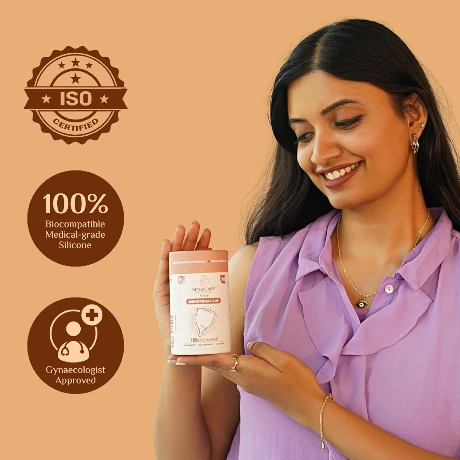 Truecup medium menstrual cup provides up to 10 hours of protection with no rashes, leakage, or odor, made from 100% medical grade silicone in an FDA approved facility for hygienic and comfortable period experience.