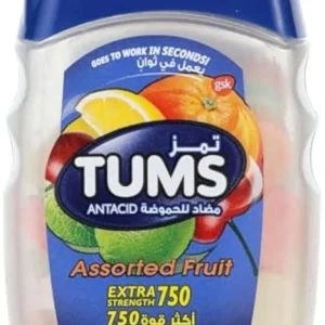 Chewable Tums antacid tablets in assorted fruit flavors provide fast and long-lasting relief from heartburn and indigestion.