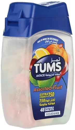 Chewable Tums antacid tablets in assorted fruit flavors provide fast and long-lasting relief from heartburn and indigestion.