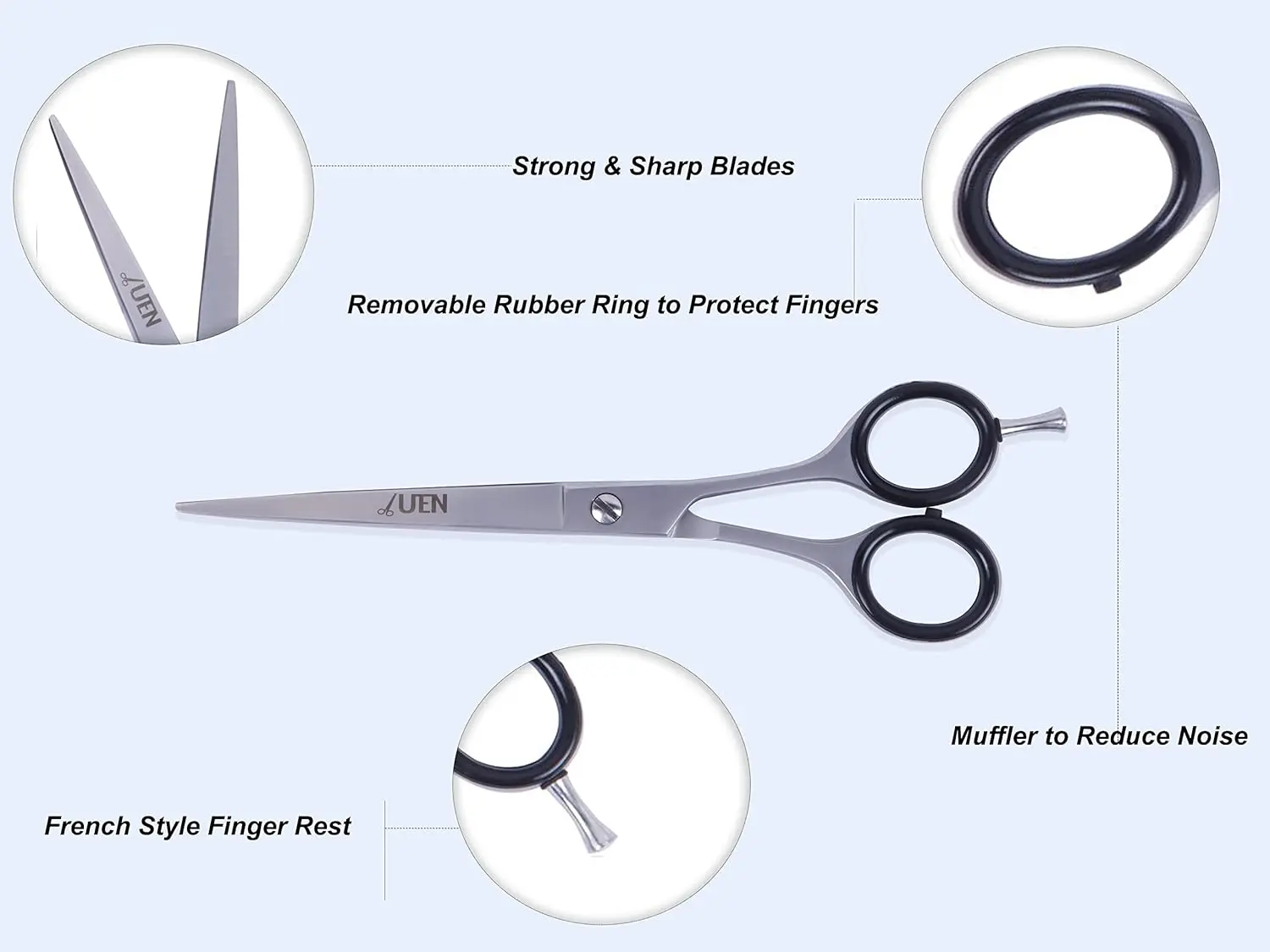 These UEN professional 7-inch hair cutting scissors are crafted from durable stainless steel with razor edges for smooth, precise haircuts at home or in the salon for women, men, and kids.