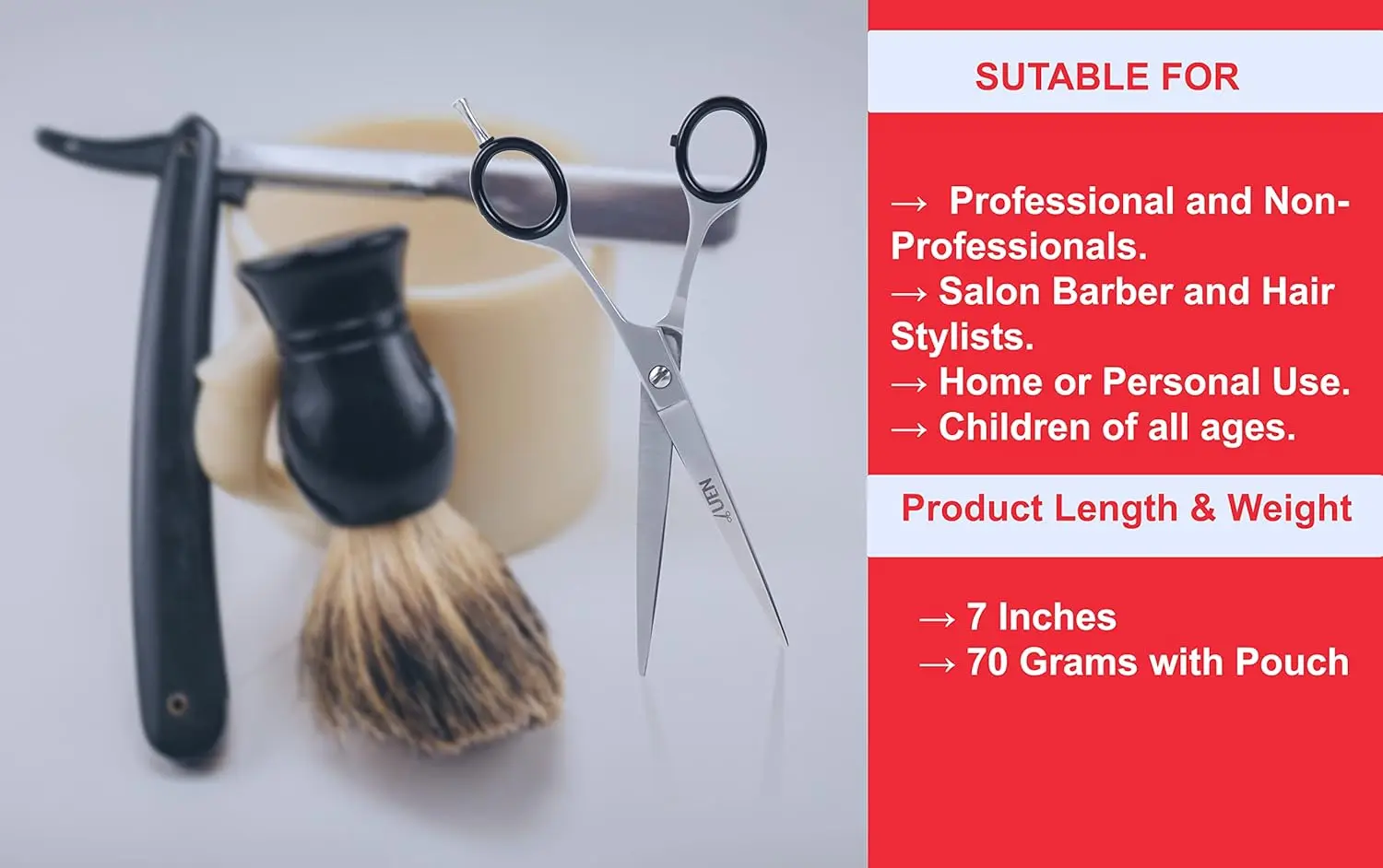 These UEN professional 7-inch hair cutting scissors are crafted from durable stainless steel with razor edges for smooth, precise haircuts at home or in the salon for women, men, and kids.