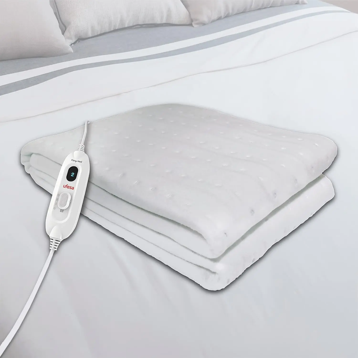 Ufesa Flexy Heat single size electric bed warmer with three temperature settings, a reversible finish, and automatic shut-off for safe and comfortable sleep.