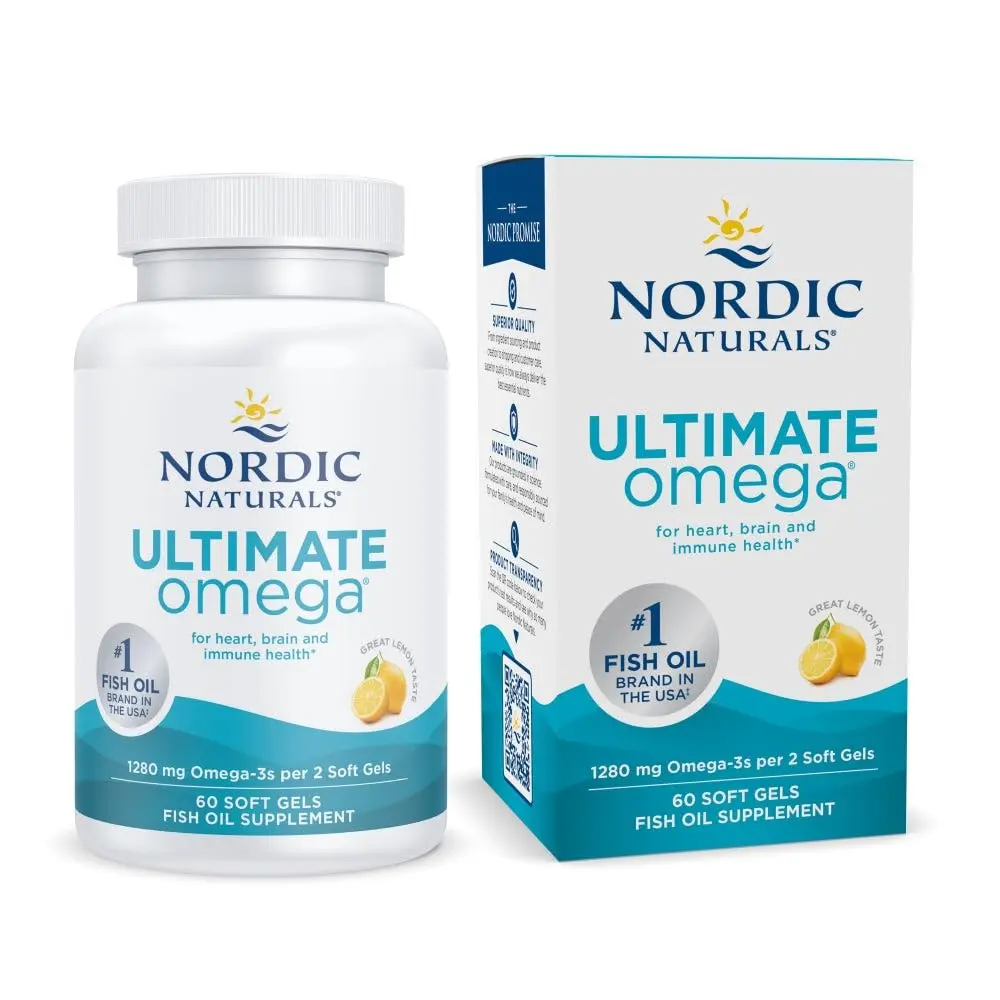 Nordic Naturals Ultimate Omega soft gels made with fish gelatine, supporting heart and brain health with omega-3s from wild-caught sardines and anchovies.