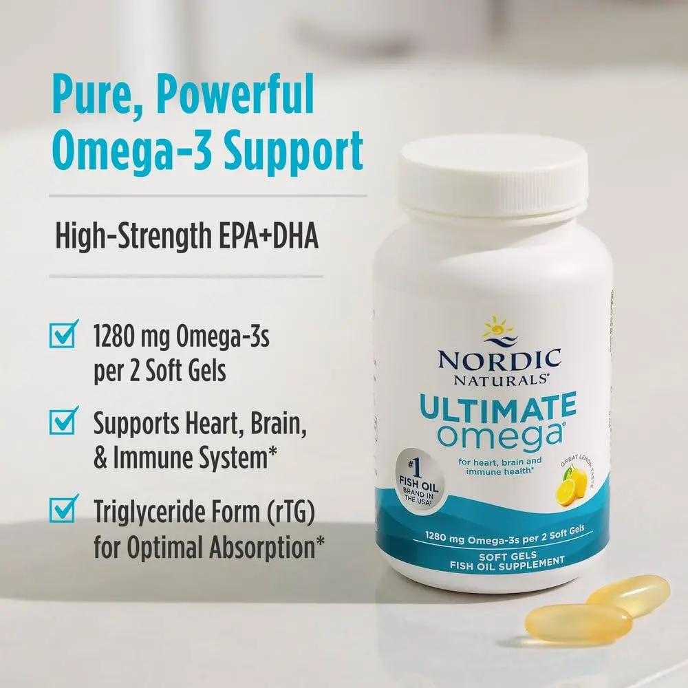 Nordic Naturals Ultimate Omega soft gels made with fish gelatine, supporting heart and brain health with omega-3s from wild-caught sardines and anchovies.