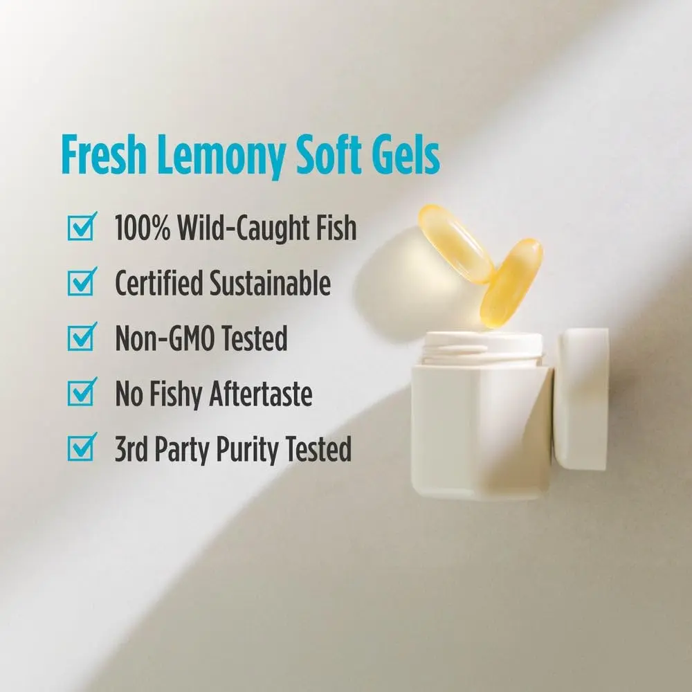 Nordic Naturals Ultimate Omega soft gels made with fish gelatine, supporting heart and brain health with omega-3s from wild-caught sardines and anchovies.