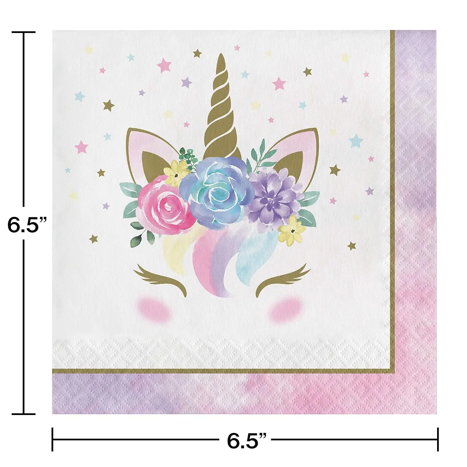 A pack of 16 floral unicorn baby shower napkins, featuring a dreamy unicorn character and soft pastel gold accents.