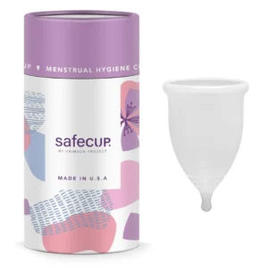 This large size menstrual cup is made in the USA in a US FDA registered facility, ensuring high quality and safety with no added dyes or colors, and featuring a leak-proof rim.