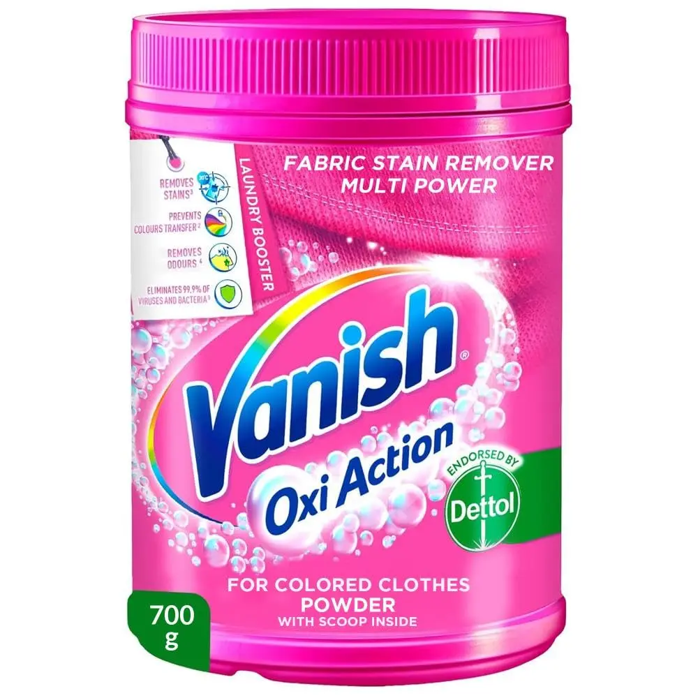 Vanish Oxi Action stain remover powder eliminates stains, prevents color transfer, removes odors, and eliminates 99.9% of viruses and bacteria from colored and white clothes.