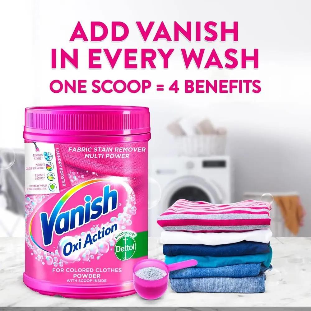 Vanish Oxi Action stain remover powder eliminates stains, prevents color transfer, removes odors, and eliminates 99.9% of viruses and bacteria from colored and white clothes.
