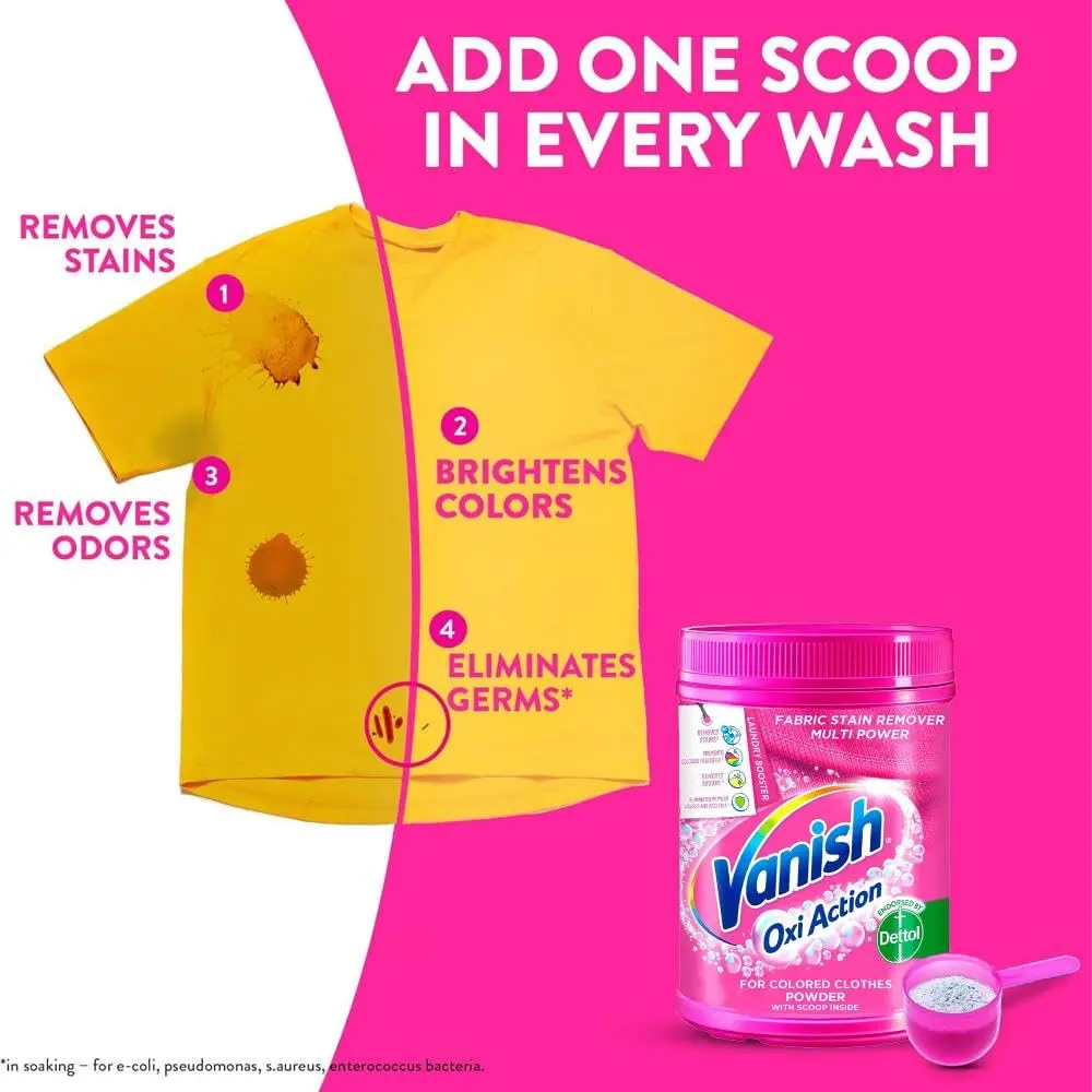 Vanish Oxi Action stain remover powder eliminates stains, prevents color transfer, removes odors, and eliminates 99.9% of viruses and bacteria from colored and white clothes.