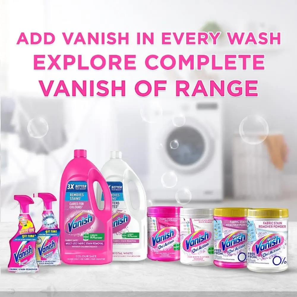 Vanish Oxi Action stain remover powder eliminates stains, prevents color transfer, removes odors, and eliminates 99.9% of viruses and bacteria from colored and white clothes.