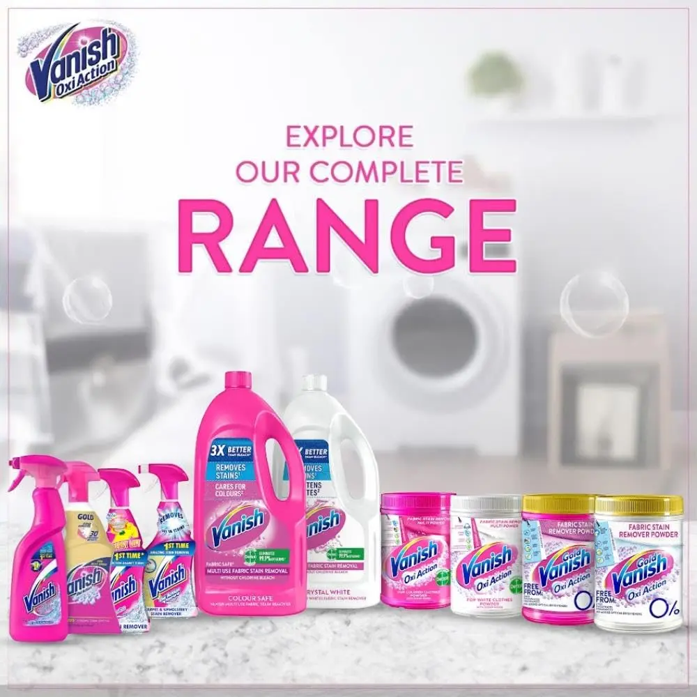 Vanish Oxi Action stain remover powder eliminates stains, prevents color transfer, removes odors, and eliminates 99.9% of viruses and bacteria from colored and white clothes.