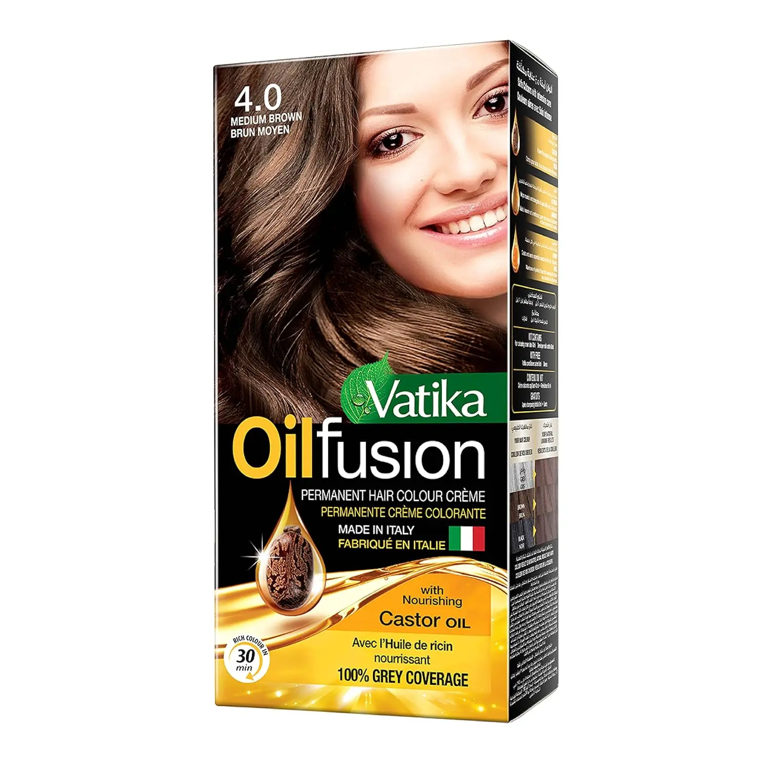 Vatika Naturals medium brown hair color covers gray and nourishes hair with natural ingredients, leaving it healthy and vibrant.