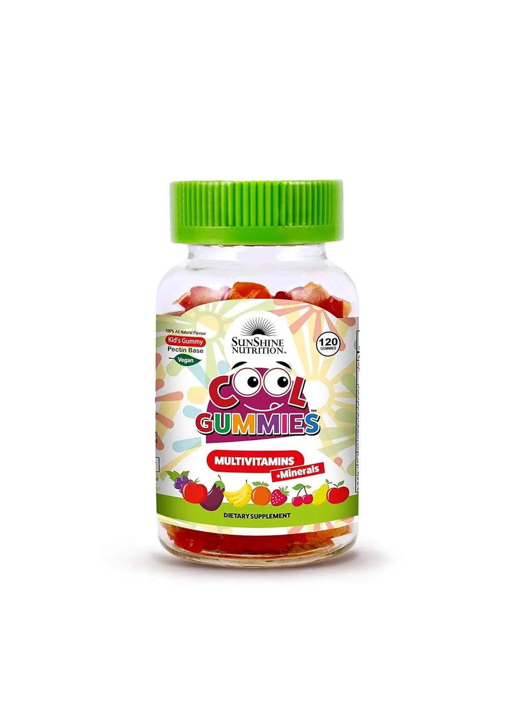 Sunshine Nutrition Cool Gummies are pectin-based, vegan multivitamins for kids with all natural lemon and berry flavor, free of gelatin, artificial colors and preservatives.