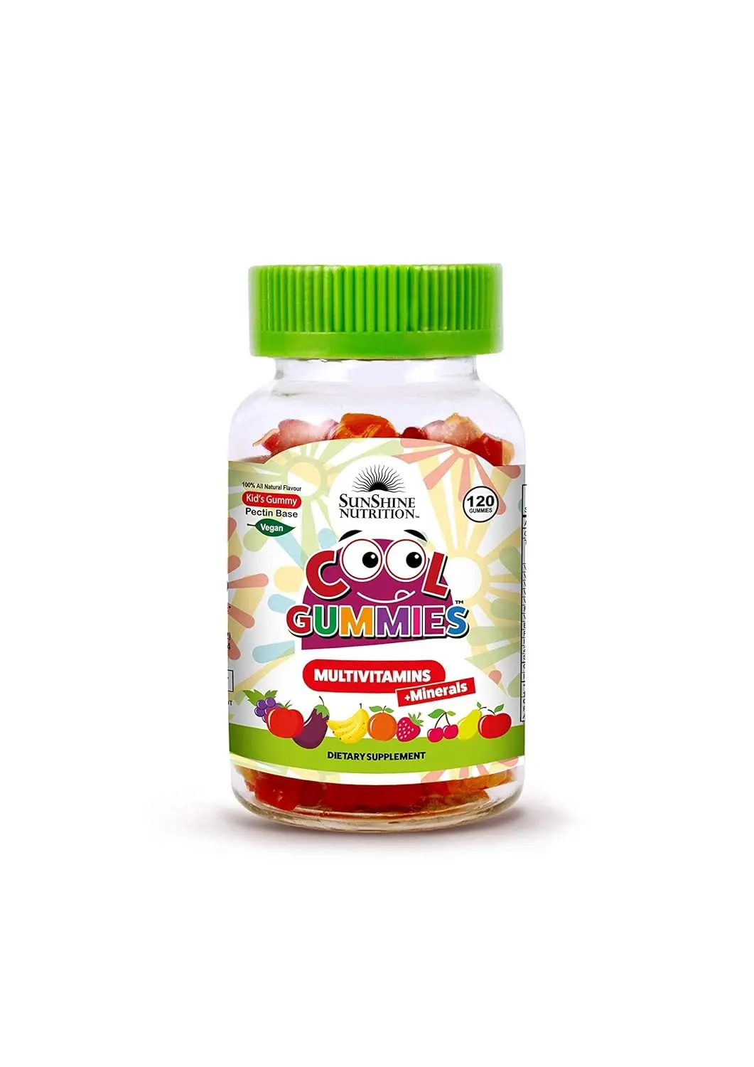 Sunshine Nutrition Cool Gummies are pectin-based, vegan multivitamins for kids with all natural lemon and berry flavor, free of gelatin, artificial colors and preservatives.