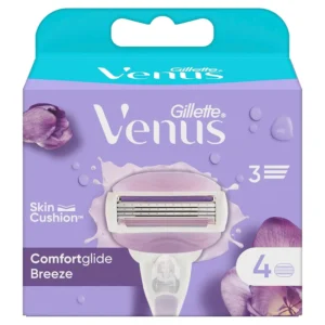 Four Gillette Venus Breeze women's razor blade refills with built-in lubricating gel bars that release a freesia scented body butter lather for a smooth, comfortable shave and skin protection.
