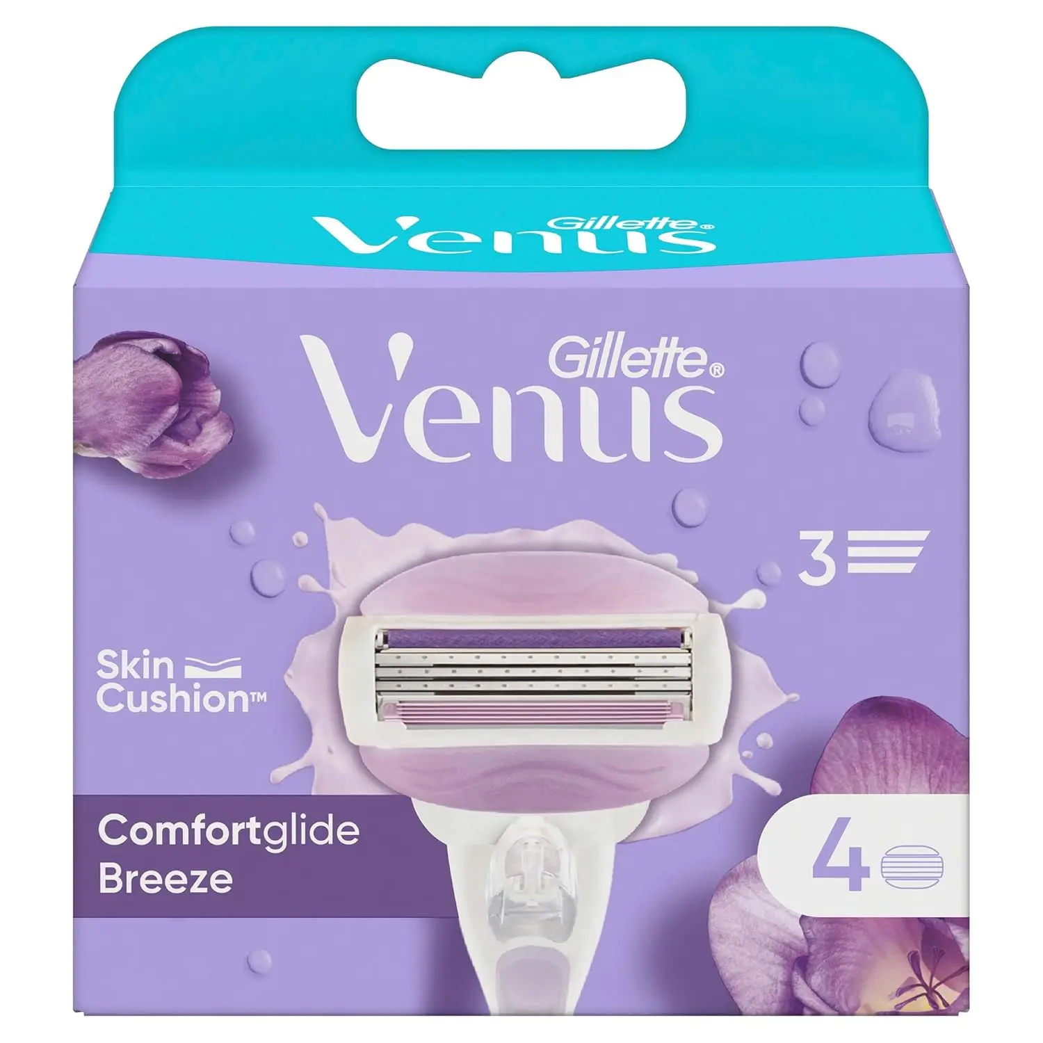 Four Gillette Venus Breeze women's razor blade refills with built-in lubricating gel bars that release a freesia scented body butter lather for a smooth, comfortable shave and skin protection.