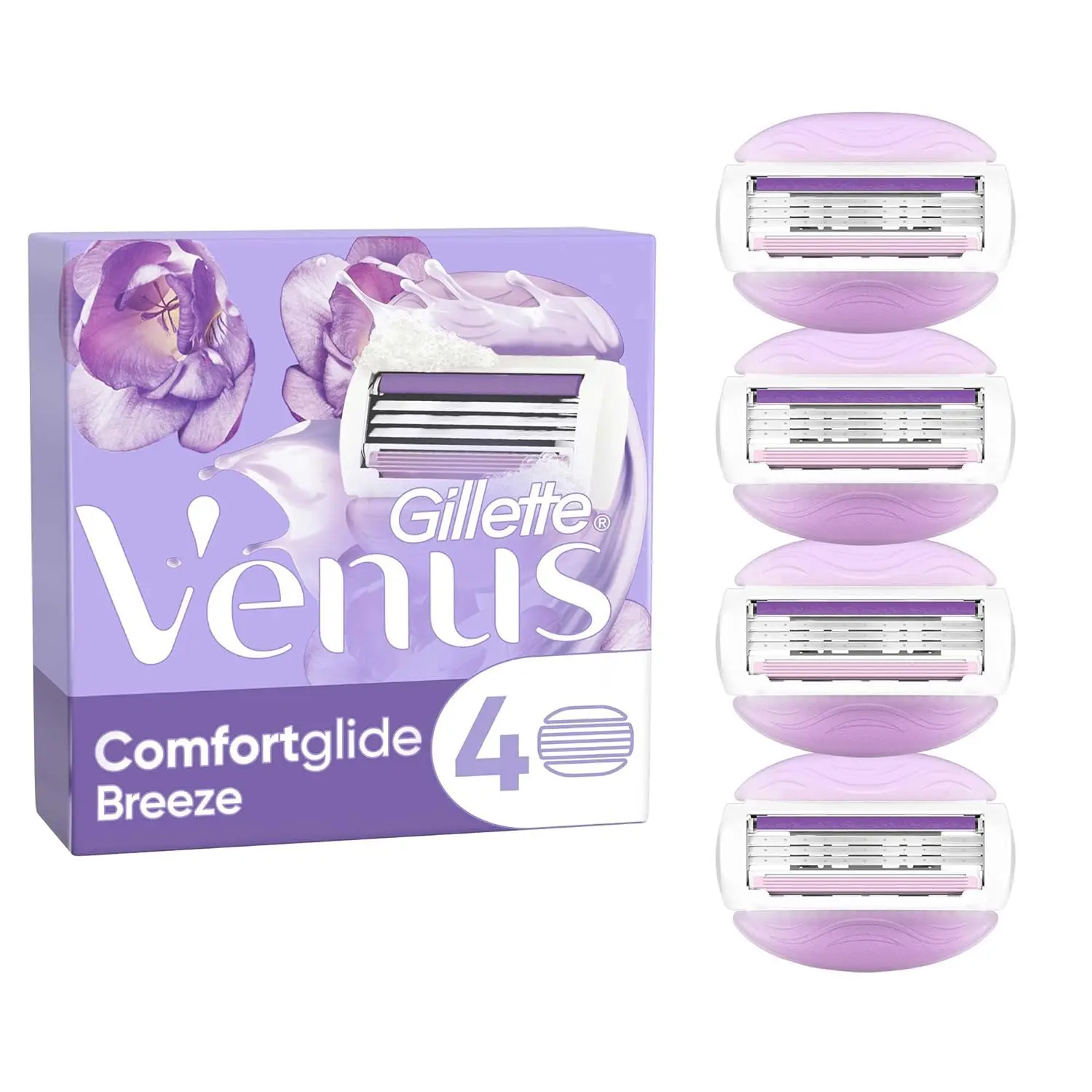 Four Gillette Venus Breeze women's razor blade refills with built-in lubricating gel bars that release a freesia scented body butter lather for a smooth, comfortable shave and skin protection.
