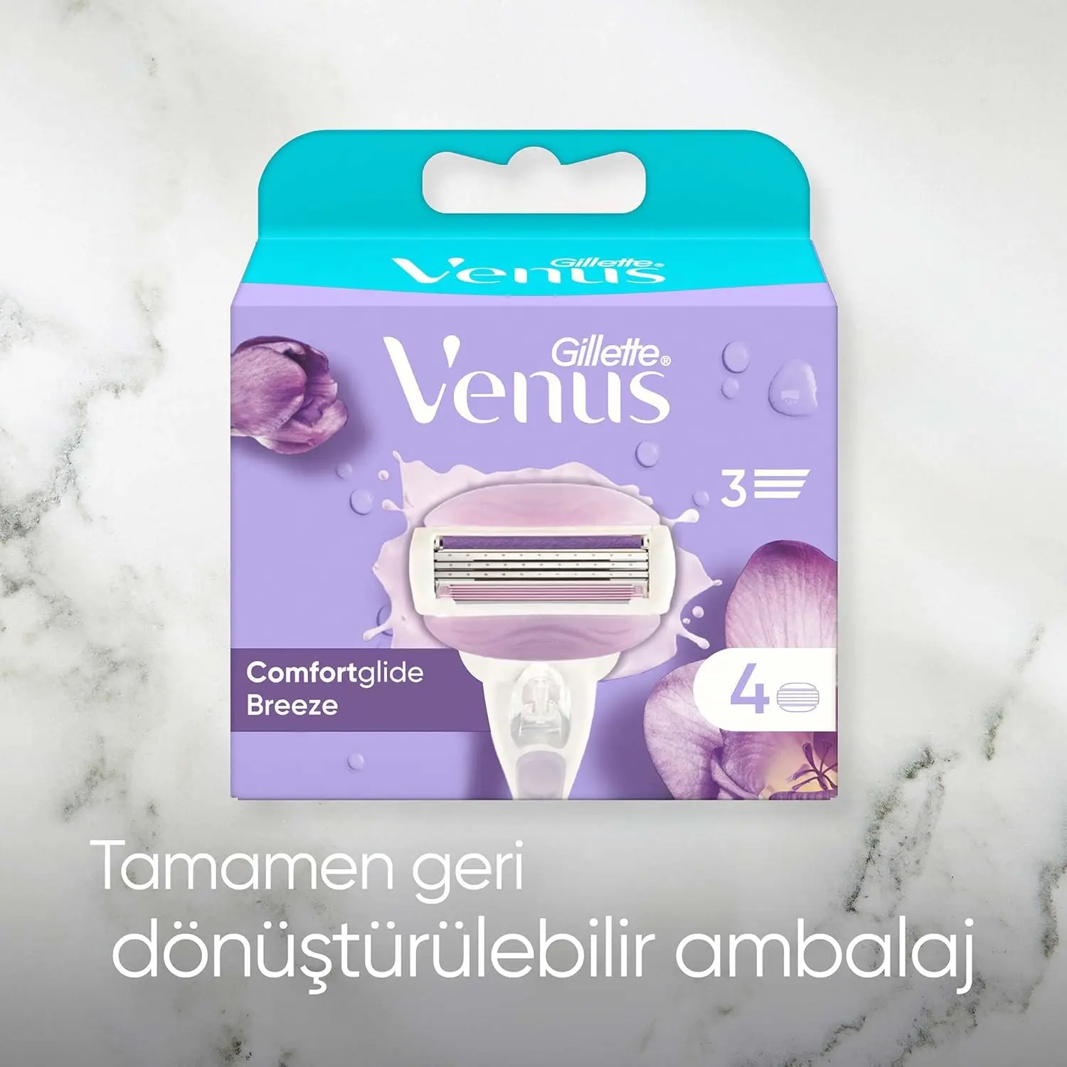 Four Gillette Venus Breeze women's razor blade refills with built-in lubricating gel bars that release a freesia scented body butter lather for a smooth, comfortable shave and skin protection.