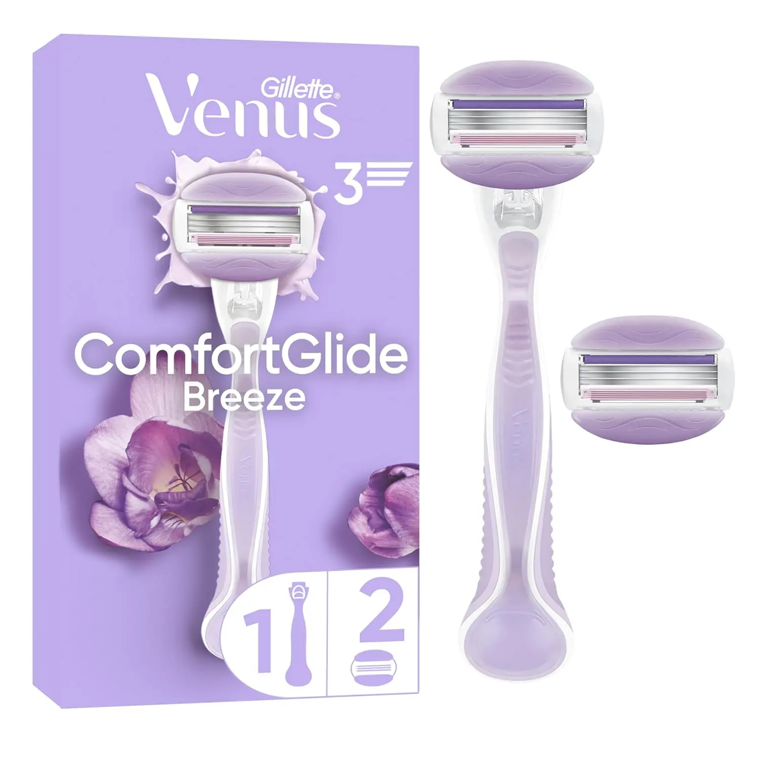 Venus ComfortGlide SPA Breeze refillable razor with freesia scented moisture bars and 3 blades for a smooth, comfortable shave.