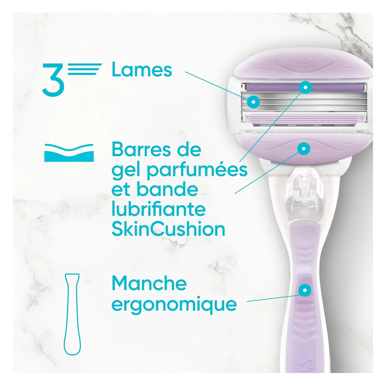 Venus ComfortGlide SPA Breeze refillable razor with freesia scented moisture bars and 3 blades for a smooth, comfortable shave.