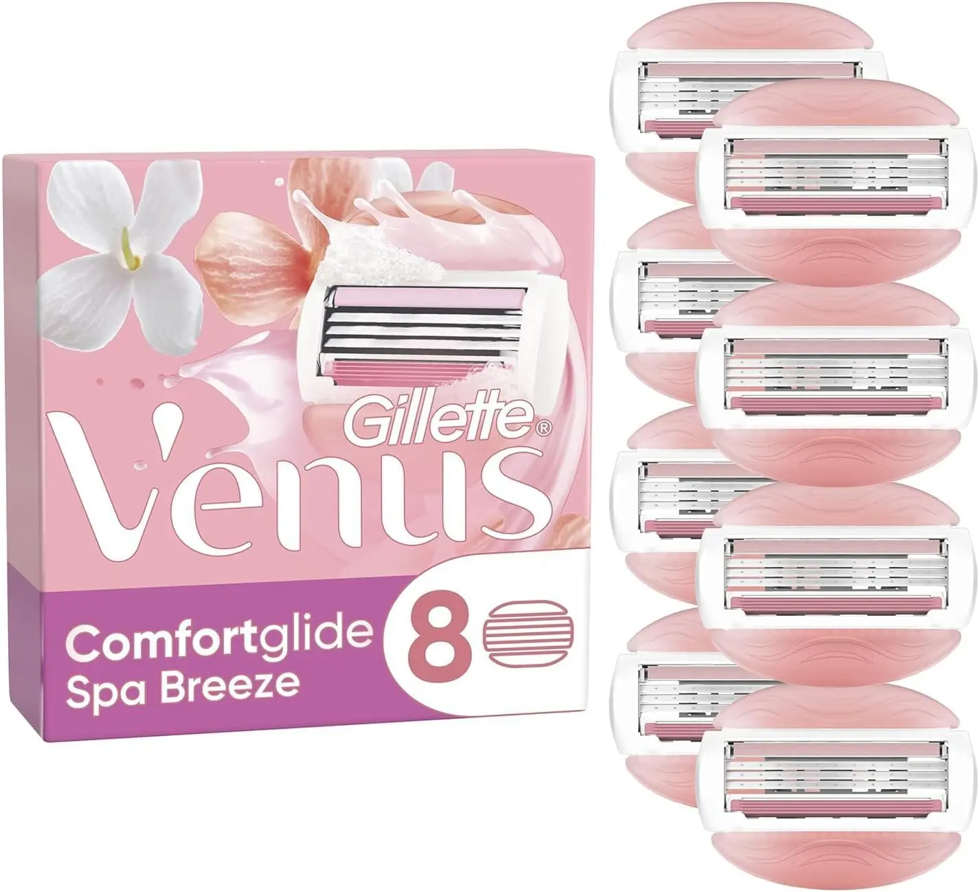 Eight Gillette Venus ComfortGlide Spa Breeze women's razor blade refills featuring a Lubrastrip with botanical oils for a smooth, comfortable shave.