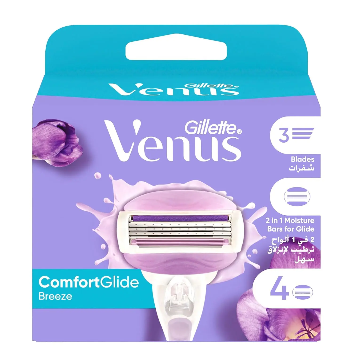 Four Venus ComfortGlide Breeze razor refill cartridges with flexible moisture bars and three blades for a smooth shave.