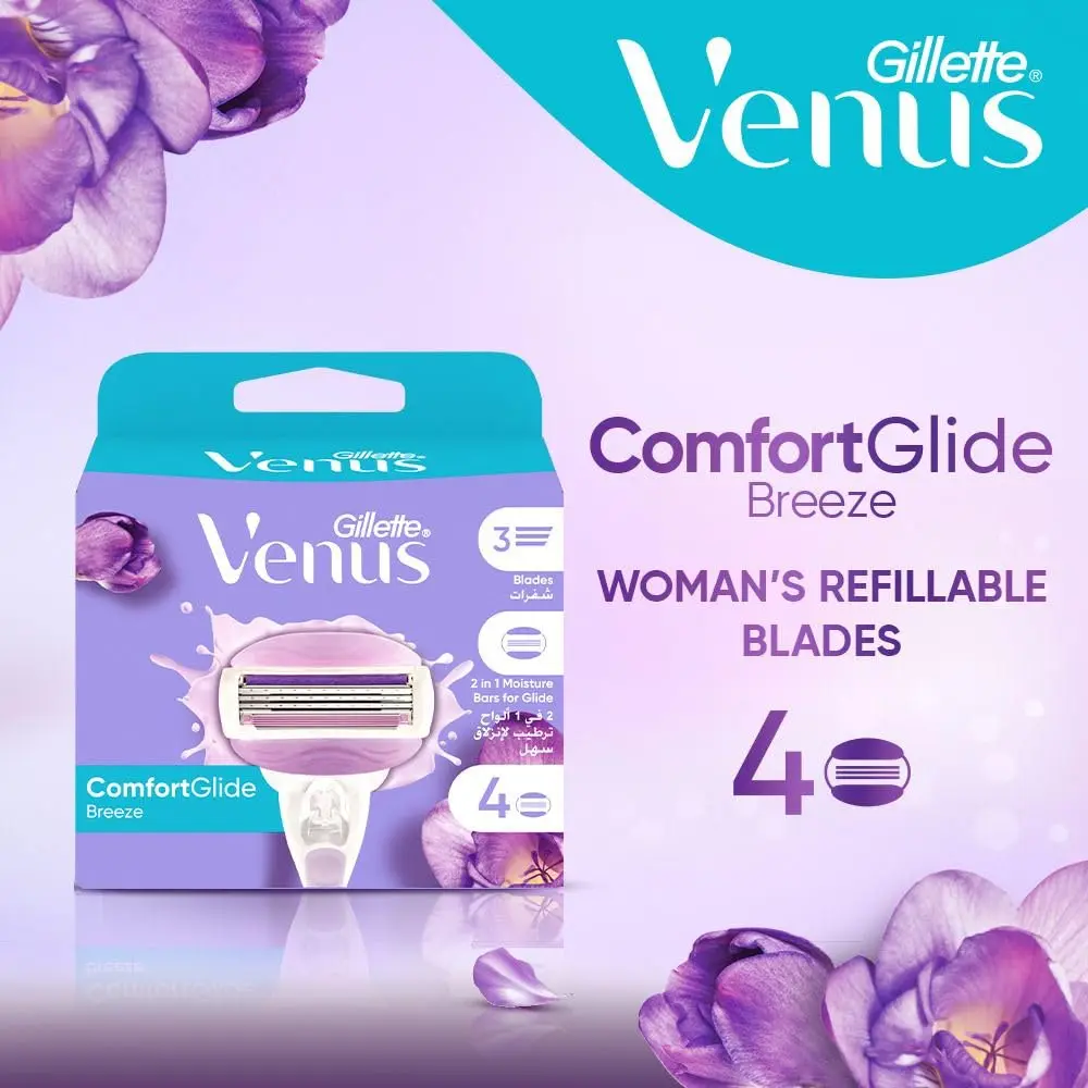 Four Venus ComfortGlide Breeze razor refill cartridges with flexible moisture bars and three blades for a smooth shave.