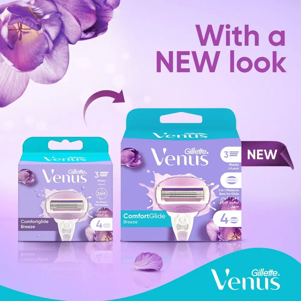 Four Venus ComfortGlide Breeze razor refill cartridges with flexible moisture bars and three blades for a smooth shave.
