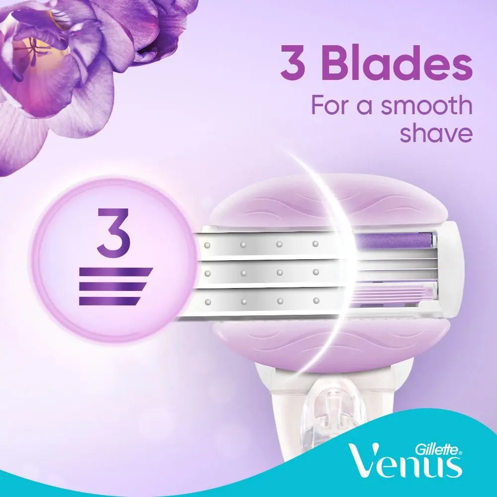 Four Venus ComfortGlide Breeze razor refill cartridges with flexible moisture bars and three blades for a smooth shave.