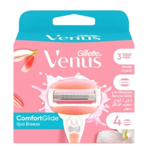 Venus ComfortGlide SPA Breeze women's razor cartridges with flexible moisture bars and botanical oils provide a smooth shave with a white tea scent.