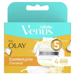 Gillette Venus and Olay razor refills feature 5 blades, flexible moisture bars with Olay body butters, and a ribbon of moisture for a smooth shave with a coconut scent.