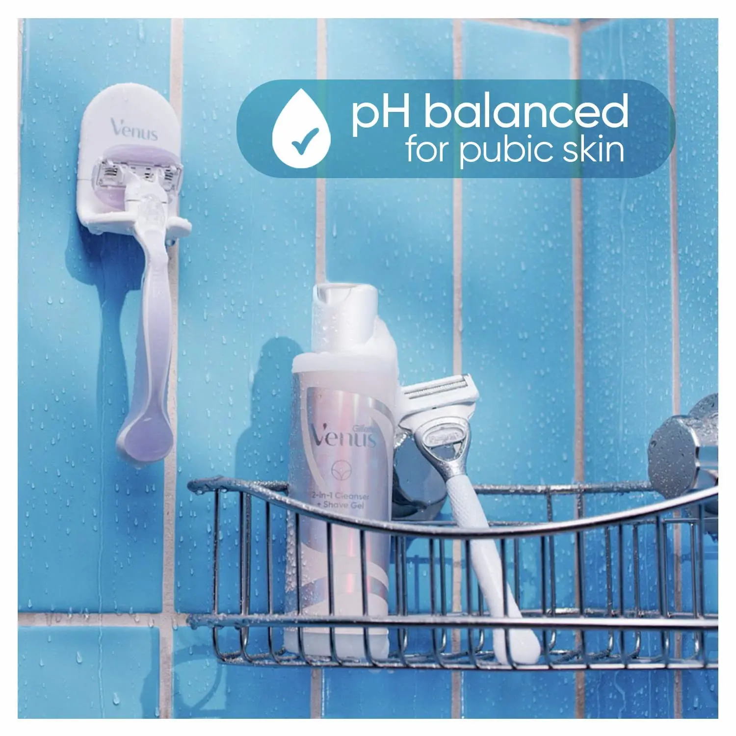 Gillette Venus pubic hair shaving kit for women includes a razor handle, blade refills, cleanser, shave gel, and soothing serum for a comfortable, irritation-free shave.