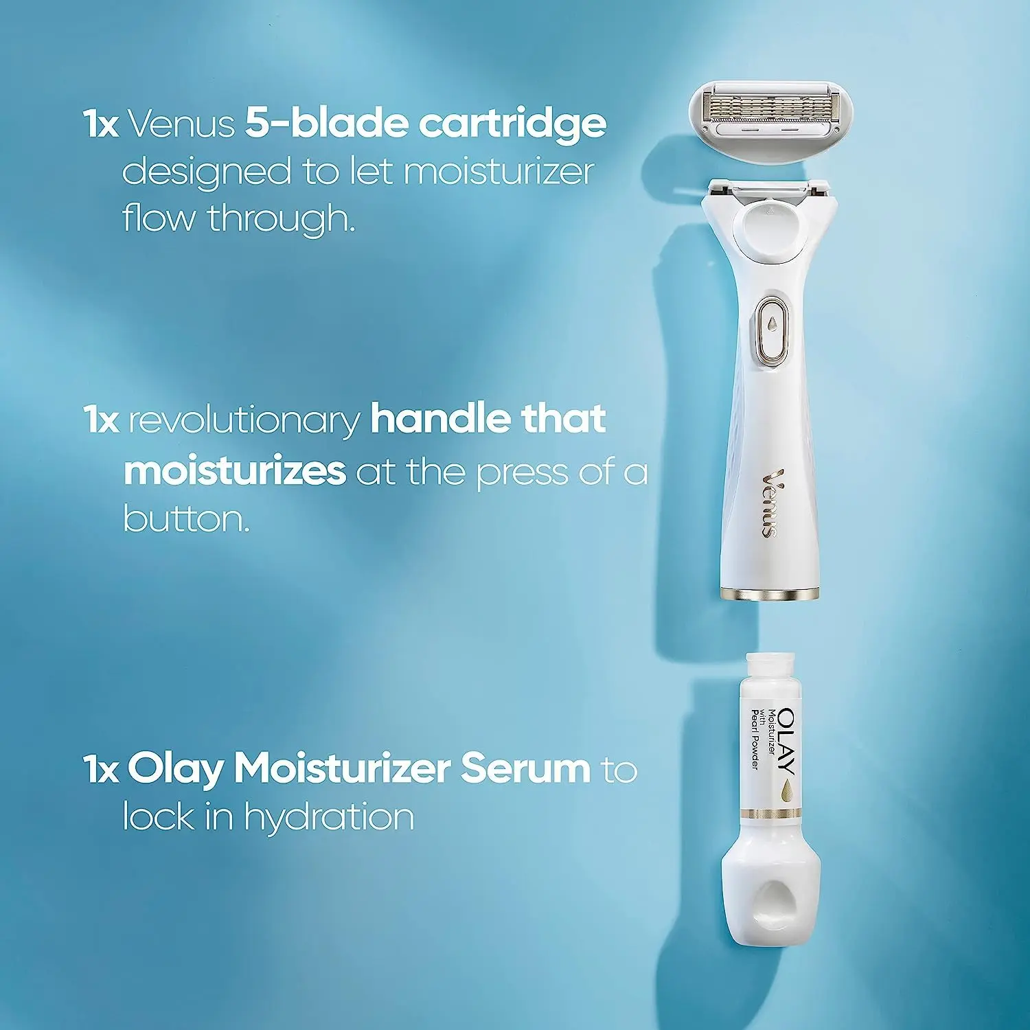 Four Venus Radiant Skin razor refills with Olay Pearl Powder moisturizer and a floral scent, designed to leave skin feeling fresh and smooth.