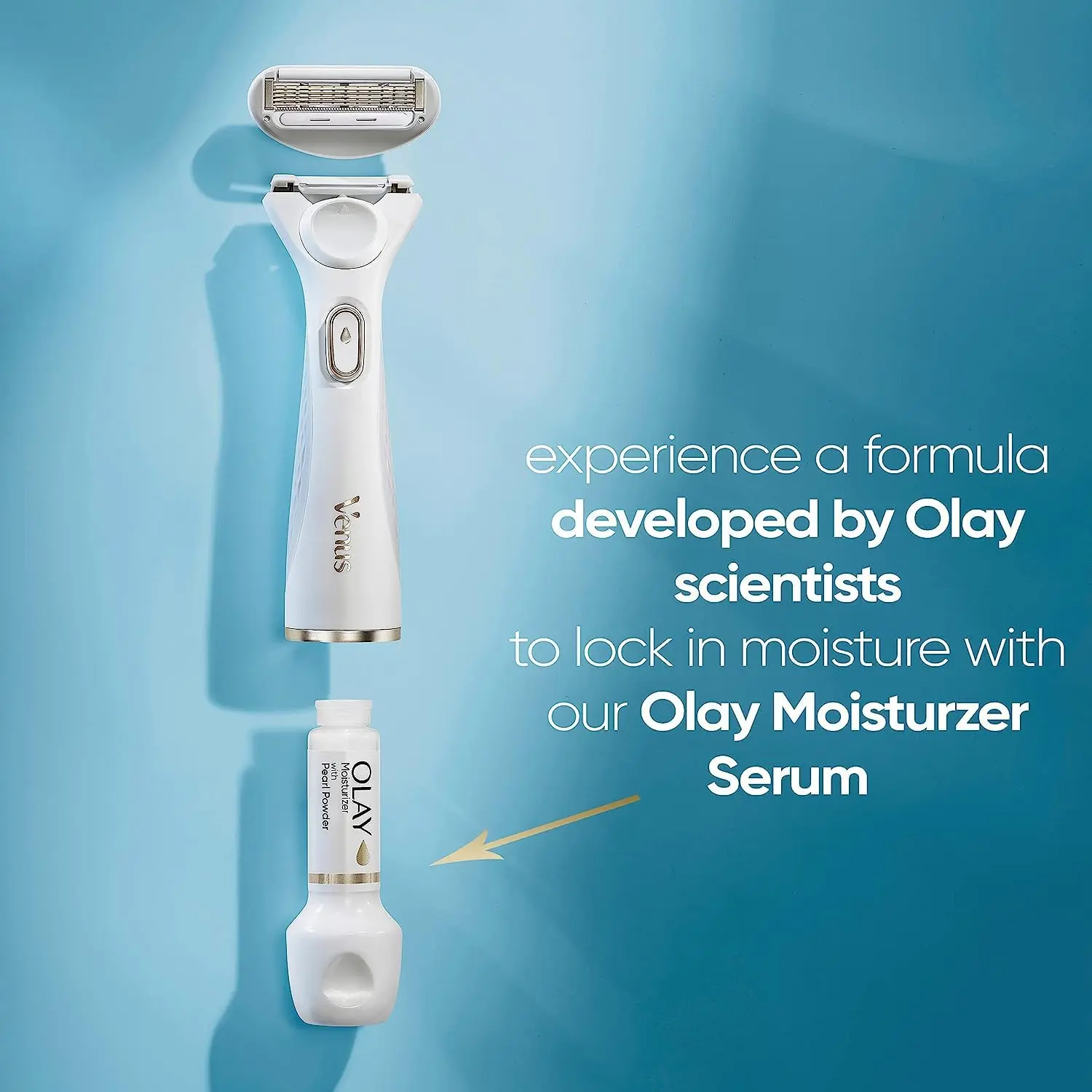 Four Venus Radiant Skin razor refills with Olay Pearl Powder moisturizer and a floral scent, designed to leave skin feeling fresh and smooth.